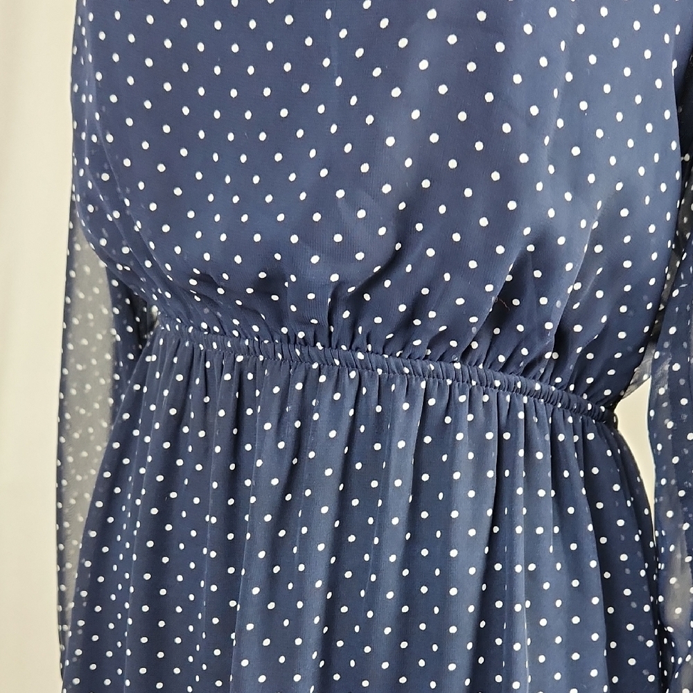 Everly Blue Polka Dot Long Sleeve Dress Knee Length - Picture 4 of 7